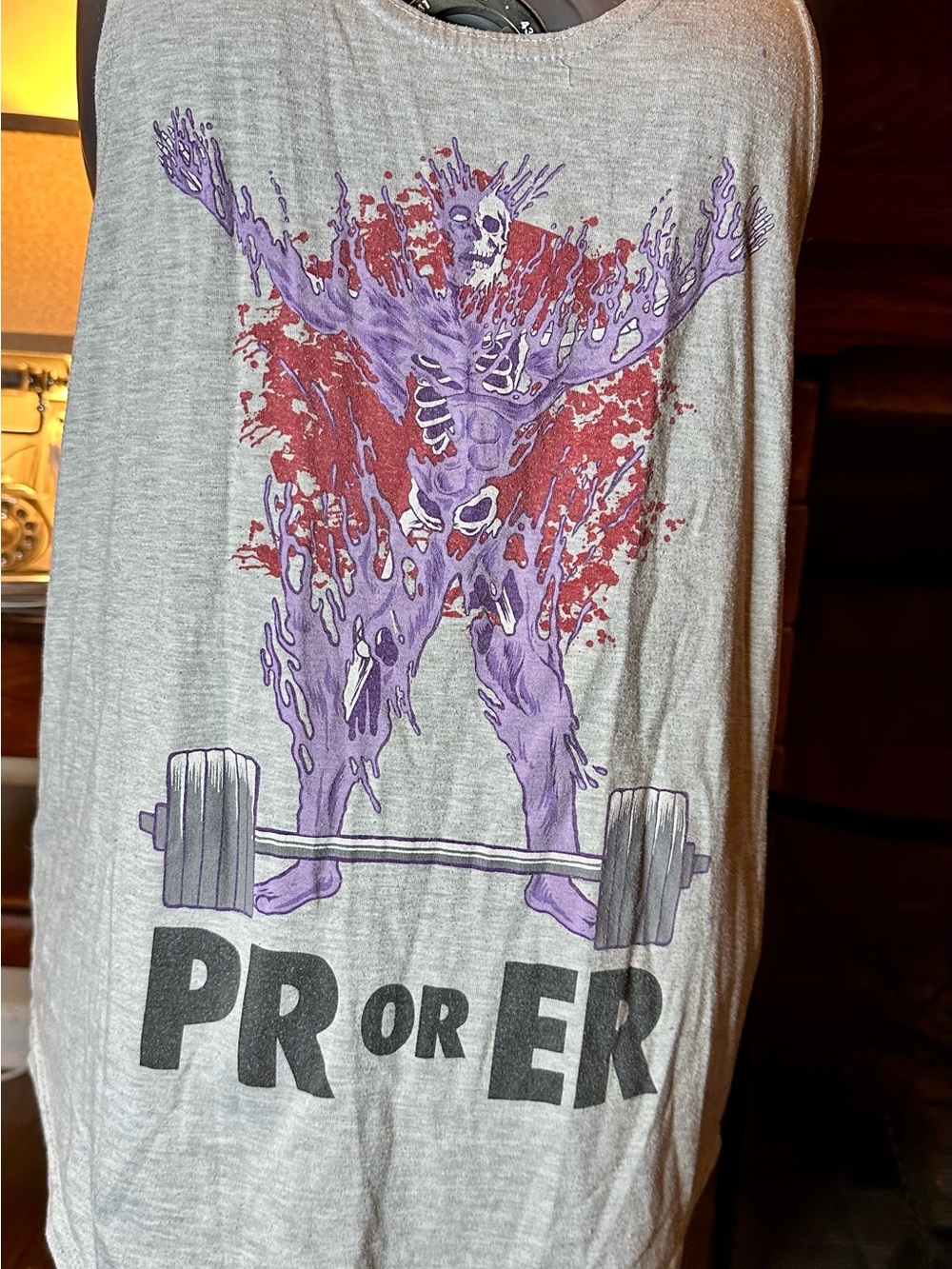 Gray Graphic Tank with Purple Skeleton Weightlifter